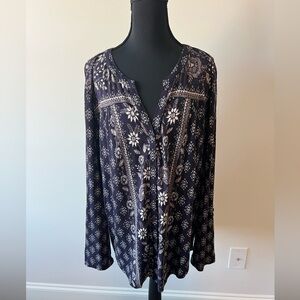 Style & Co. Navy Floral Tunic Button up Blouse roll tab sleeves Size XL